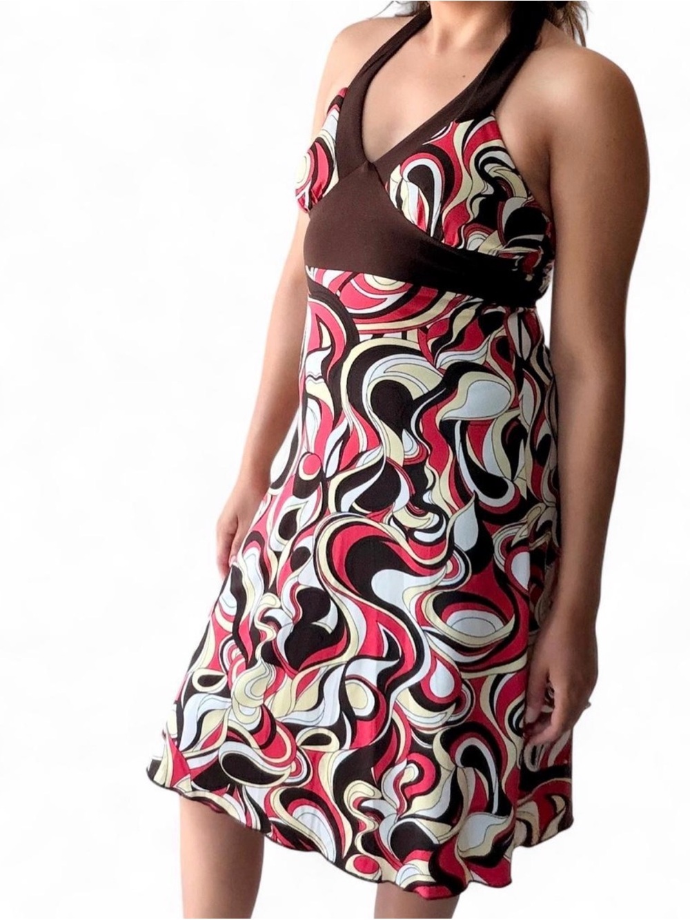 Speechless Brown, Red, Cream & Black Swirl Halter Midi Dress
